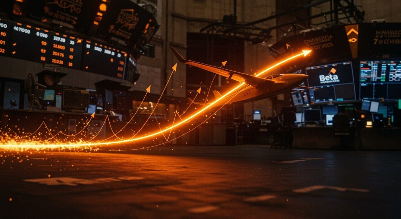 Beta Technologies exitosamente debuta en la NYSE recaudando $1B, representado por un avión eléctrico despegando en tonos naranja y negro.