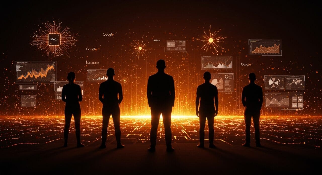 Líderes de big tech frente a un horizonte digital de inteligencia artificial reflejando inversiones y crecimiento hacia $2 billones en ingresos para IA en 2030.