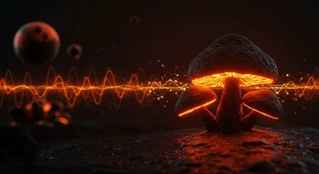 Hongo negro de Chernóbil absorbiendo radiación, simbolizando innovación en biotecnología y protección espacial para startups deep tech.