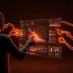 Artista 3D interactuando con interfaz holográfica mostrando renderizado 3D y gestión de color HDR en Blender 5.0 dentro del ecosistema startup.