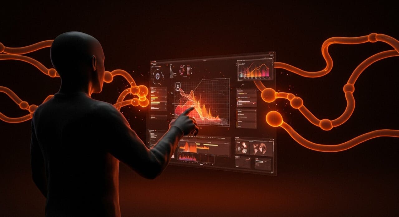 Artista 3D interactuando con interfaz holográfica mostrando renderizado 3D y gestión de color HDR en Blender 5.0 dentro del ecosistema startup.