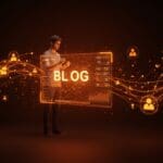 Fundador tech creando un blog personal de nicho, simbolizando oportunidades digitales, autoridad y monetización para 2025.