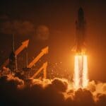 Cohete superpesado New Glenn de Blue Origin ascendiendo más alto que Saturn V, mostrando innovación en tecnología aeroespacial y oportunidades para startups.