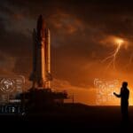Lanzamiento retrasado del cohete New Glenn de Blue Origin con metáforas visuales de tecnología espacial y tormentas solares para founders y startups.