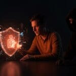 Brecha de datos en fintech representada con fundador protegido por escudo digital y hacker al acecho, ilustrando ciberseguridad en startups.