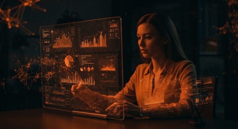 Brenda analizando datos financieros con IA en un entorno digital naranja y negro, enfrentando desafíos de automatización y hallucinations en finanzas.