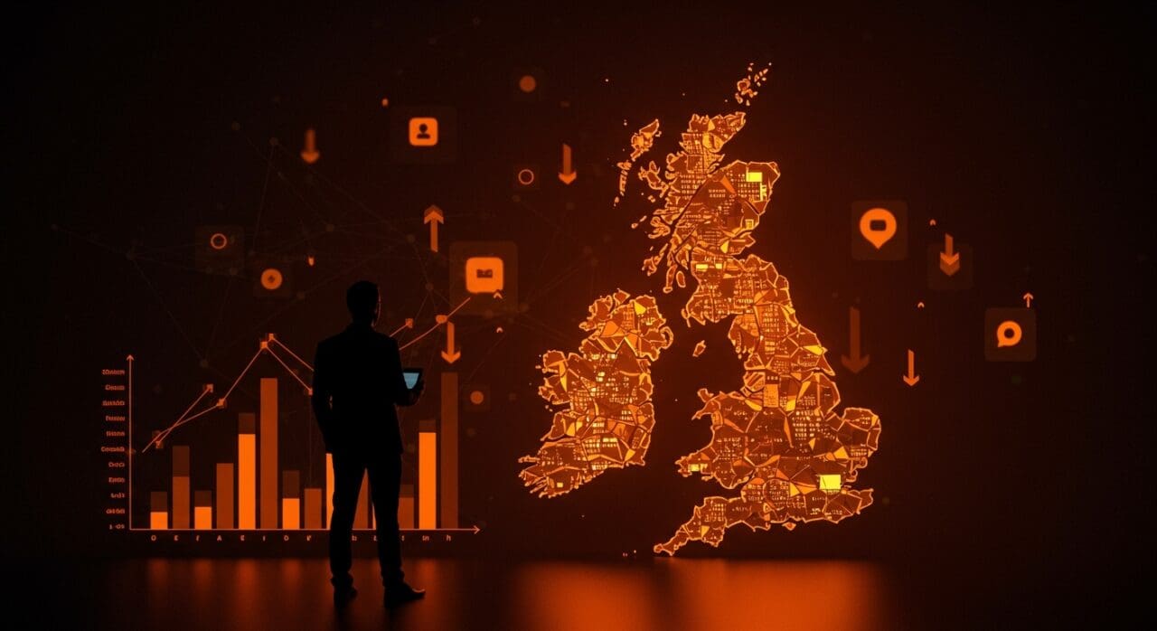 Impacto económico del Brexit en el PIB del Reino Unido representado con mapa fragmentado y metáforas visuales de mercado tecnológico global para founders tech LATAM.