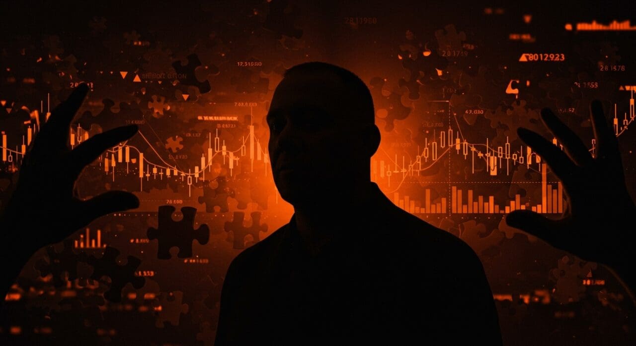 Brian Armstrong manipulando mercados de predicción en Coinbase durante llamada de ganancias con gráficos y datos cripto en colores naranja y negro.