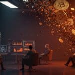 Empresas fintech enfrentan caída del mercado cripto y liquidación de activos con visuales de blockchain y criptomonedas en desplome.