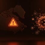 Mapa de Canadá con símbolo de alerta y partículas de sarampión en colores naranja y negro, ilustrando retos en salud pública y oportunidades para startups de salud digital.