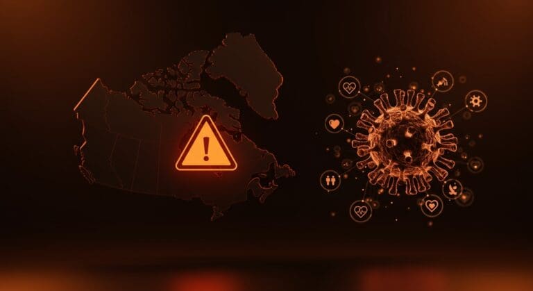 Mapa de Canadá con símbolo de alerta y partículas de sarampión en colores naranja y negro, ilustrando retos en salud pública y oportunidades para startups de salud digital.