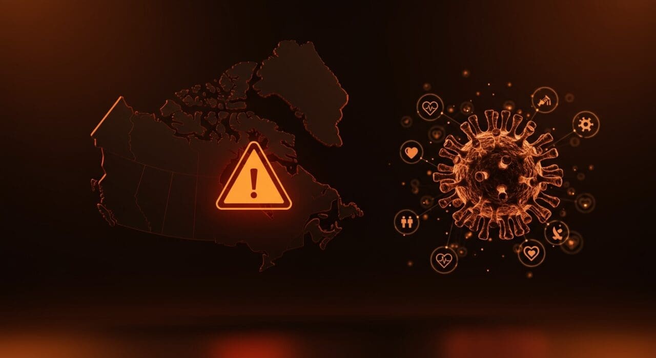 Mapa de Canadá con símbolo de alerta y partículas de sarampión en colores naranja y negro, ilustrando retos en salud pública y oportunidades para startups de salud digital.