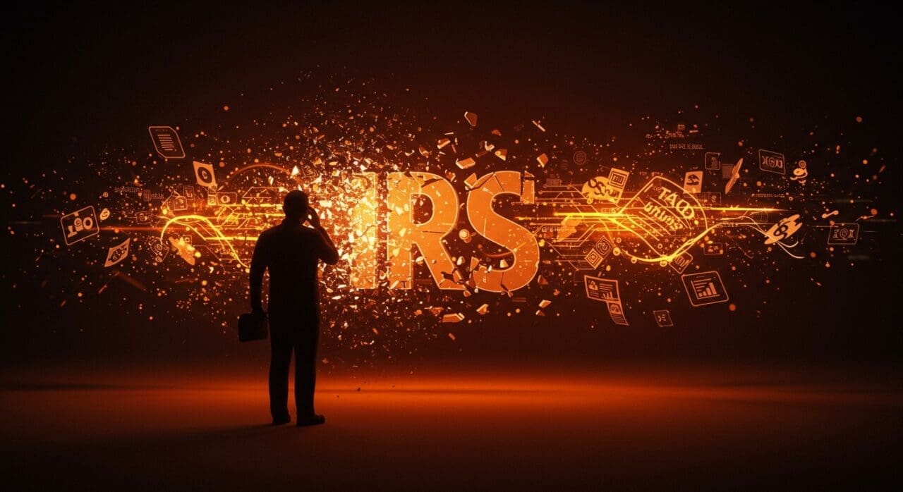 Contribuyente enfrentando la cancelación del programa Direct File del IRS con visuales digitales de automatización fiscal y servicios tecnológicos.