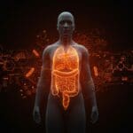 Ilustración editorial de cáncer de colon en jóvenes con microbioma intestinal y avances healthtech en diagnóstico y prevención.