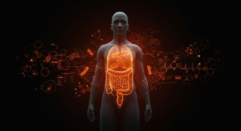 Ilustración editorial de cáncer de colon en jóvenes con microbioma intestinal y avances healthtech en diagnóstico y prevención.