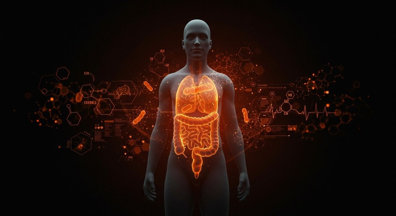 Ilustración editorial de cáncer de colon en jóvenes con microbioma intestinal y avances healthtech en diagnóstico y prevención.