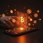 Asistente de IA de Cash App visualizado con hologramas de bitcoin y finanzas personales en una interfaz futurista de aplicación fintech.