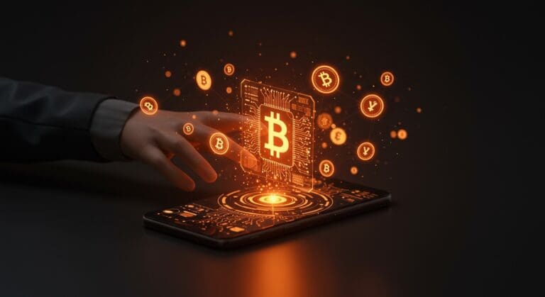 Asistente de IA de Cash App visualizado con hologramas de bitcoin y finanzas personales en una interfaz futurista de aplicación fintech.