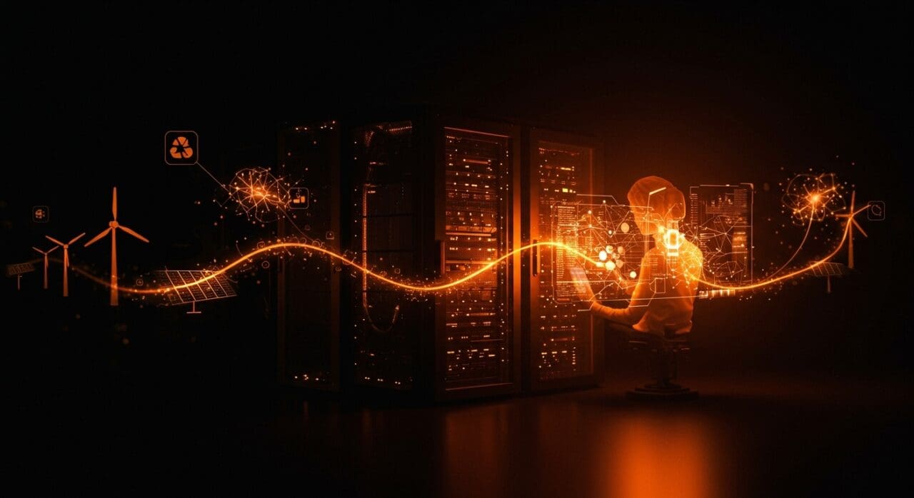 Centro de datos de IA sostenible impulsado por energía renovable y tecnología avanzada en el mercado tecnológico.