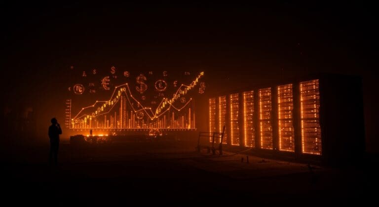 Centro de datos iluminado en tonos naranjas con cables eléctricos pulsantes y emprendedor reflexionando sobre costos energéticos y política local.