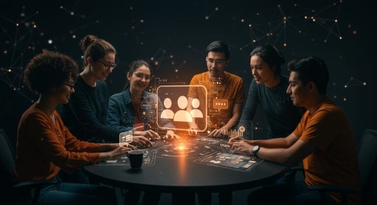 Equipos startup tecnológicos colaborando con chats grupales de ChatGPT potenciados por IA y automatización en un entorno dinámico y moderno.