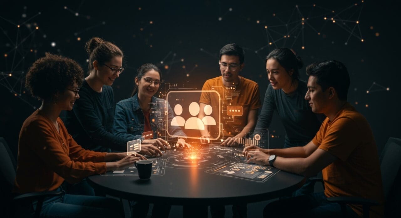 Equipos startup tecnológicos colaborando con chats grupales de ChatGPT potenciados por IA y automatización en un entorno dinámico y moderno.