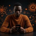 Persona reflexionando sobre ética y confianza en ChatGPT y tecnologías de IA en la vida cotidiana, con metáforas visuales de impacto ambiental y cultura tecnológica.