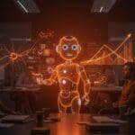 Chatbot de IA ChatGPT y fundadores hispanos colaborando en tecnología avanzada para automatización y escalabilidad en startups latinas.