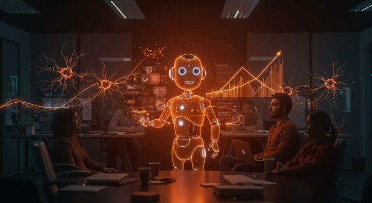 Chatbot de IA ChatGPT y fundadores hispanos colaborando en tecnología avanzada para automatización y escalabilidad en startups latinas.