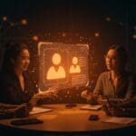 Fundadores de startups colaborando mediante chats grupales con inteligencia artificial en un entorno tecnológico innovador.