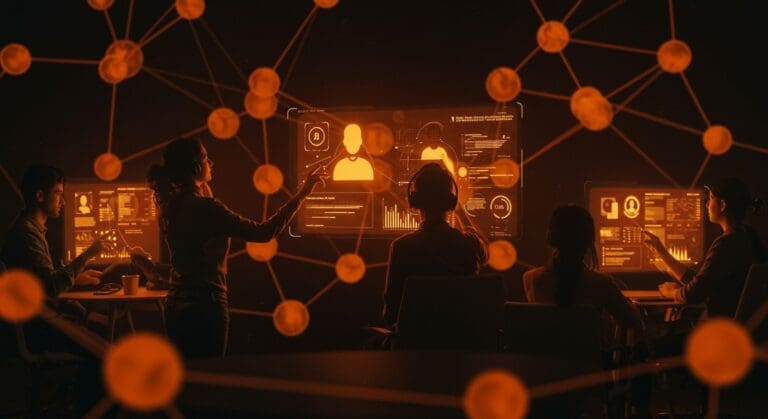 Grupo de emprendedores colaborando en chats grupales con IA generativa para startups tecnológicas, impulsando la automatización y el trabajo en equipo.