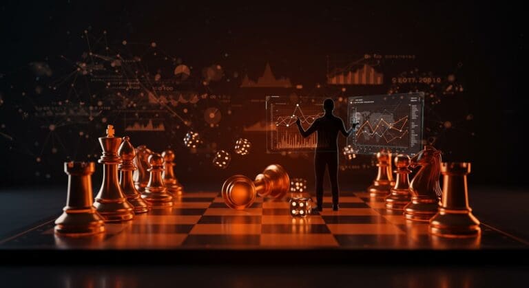 Tablero futurista de ajedrez Chess960v2 con piezas iluminadas en naranja y negro, simbolizando innovación, estrategia y datos en el ecosistema startup.