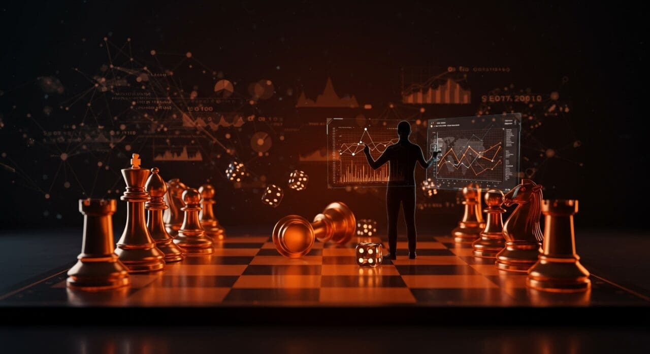 Tablero futurista de ajedrez Chess960v2 con piezas iluminadas en naranja y negro, simbolizando innovación, estrategia y datos en el ecosistema startup.