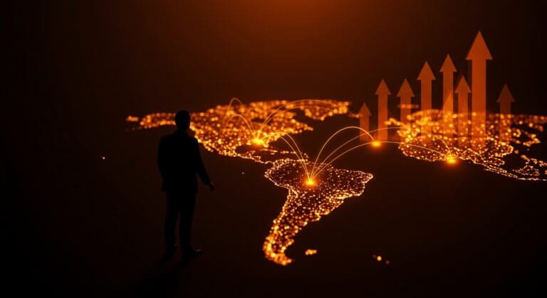 Inversión china en startups latinoamericanas representada con mapa digital y flujos de energía en tonos naranja y negro.