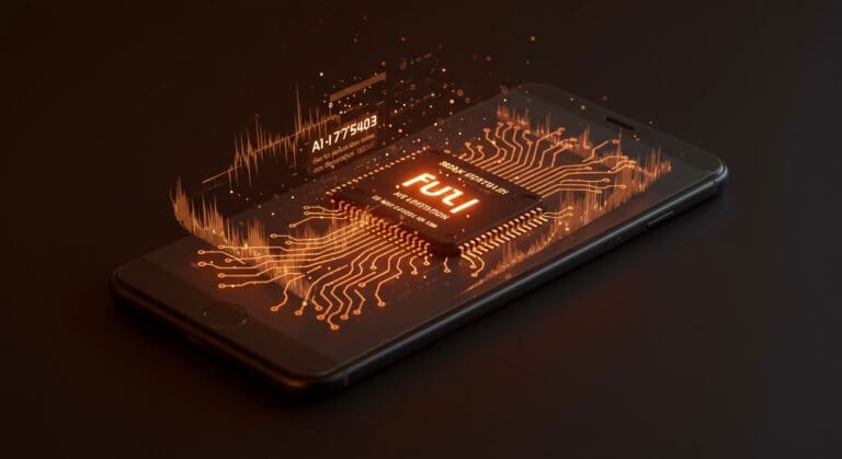 Chip de IA de Broadcom y CAMB.AI en dispositivo móvil demostrando traducción y descripción en tiempo real para startups tecnológicas.