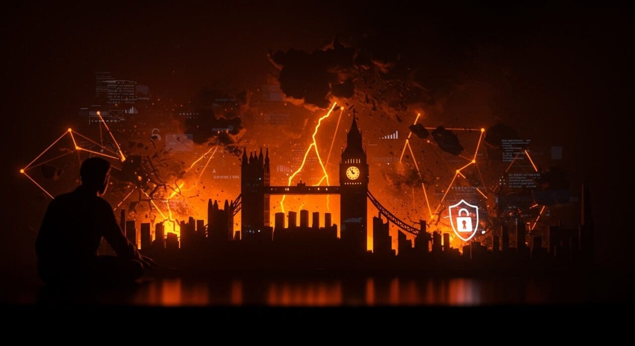 Ciberataque impacta consejos de Londres representado con metáforas visuales de ciberseguridad y riesgos TI para startups.