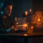 Ciberespionaje con inteligencia artificial amenazando la seguridad informática de startups tecnológicas.