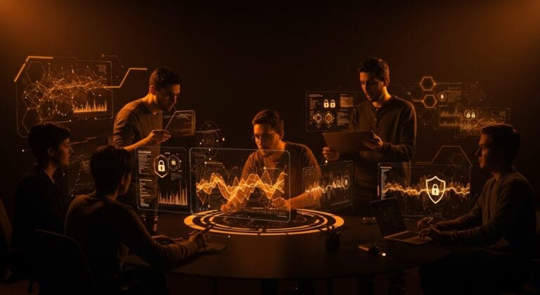 Equipo de startup colaborando frente a interfaz digital de ciberseguridad e inteligencia artificial, destacando el factor humano en protección de datos.