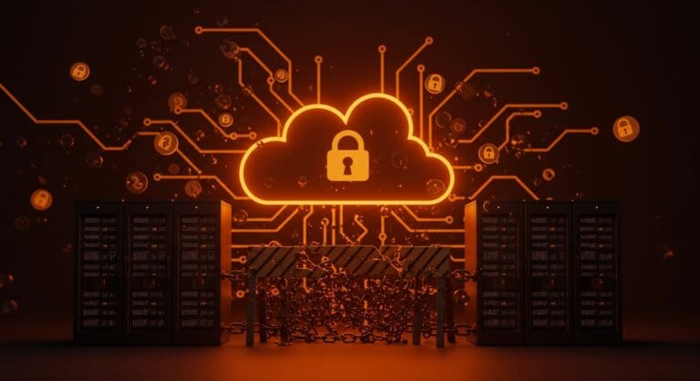 Representación digital de barreras comerciales por bloqueo de sitios con infraestructura cloud y tecnología SaaS ilustrando impacto en comercio digital.
