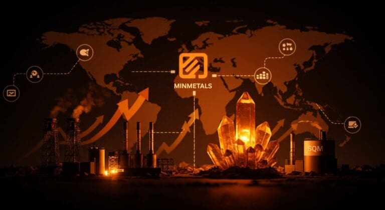 Ilustración conceptual del acuerdo Codelco-SQM en el mercado del litio chileno con influencia geopolítica de Minmetals y su impacto en startups e inversores.