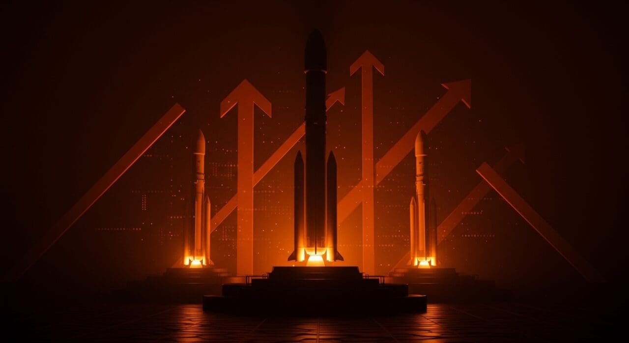 Cohetes reutilizables chinos en plataforma de lanzamiento, destacando innovación tecnológica y tendencias en la industria espacial.