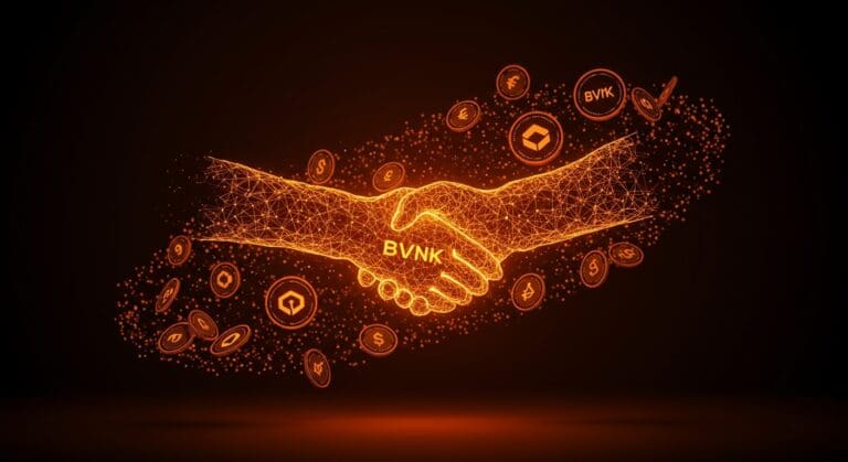 Adquisición de BVNK por Coinbase representada mediante un apretón de manos digital con iconos de stablecoins y fintech en tonos naranja y negro.