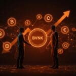Adquisición de BVNK por Coinbase representada con un apretón de manos futurista en un entorno digital de stablecoins y tecnología fintech.
