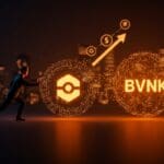 Imagen conceptual de la posible adquisición de BVNK por Coinbase mostrando tecnología blockchain y stablecoins en un entorno fintech innovador.