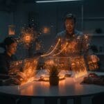 Ingenieros colaborando en entorno futurista con hologramas que representan inteligencia artificial y automatización en startup YC.