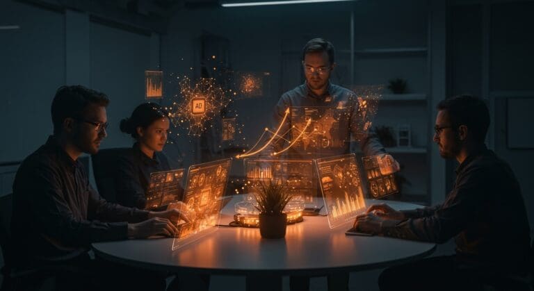 Ingenieros colaborando en entorno futurista con hologramas que representan inteligencia artificial y automatización en startup YC.