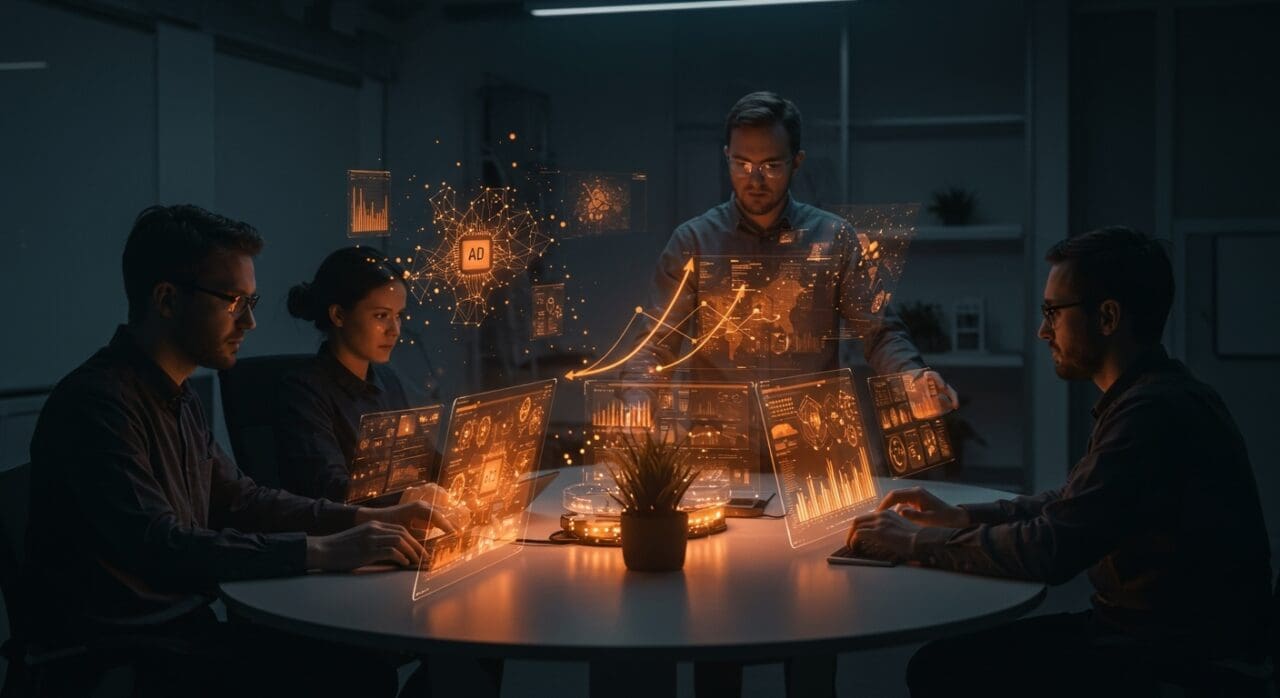 Ingenieros colaborando en entorno futurista con hologramas que representan inteligencia artificial y automatización en startup YC.