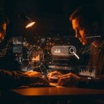 Desarrollador creando un motor de búsqueda eficiente con representación visual de indexación y optimización en un entorno tecnológico moderno para crecimiento SaaS.