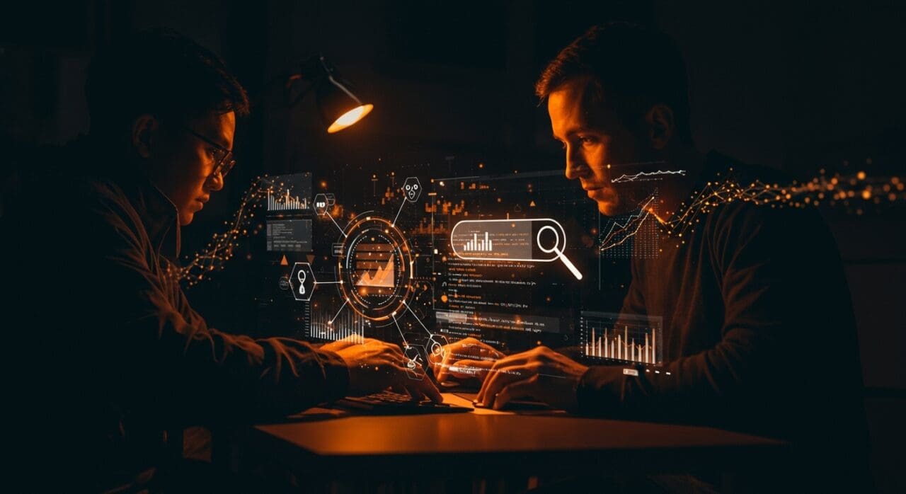 Desarrollador creando un motor de búsqueda eficiente con representación visual de indexación y optimización en un entorno tecnológico moderno para crecimiento SaaS.