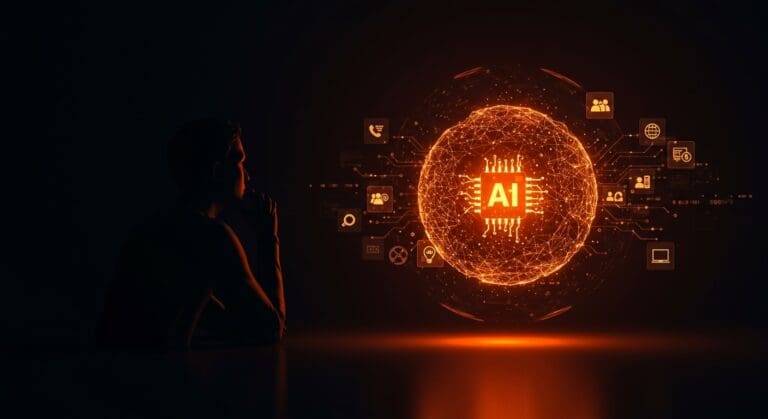 Silueta de fundador tecnológico observando una burbuja digital de inteligencia artificial con símbolos de startups, inversión y optimización en ecosistema de IA.